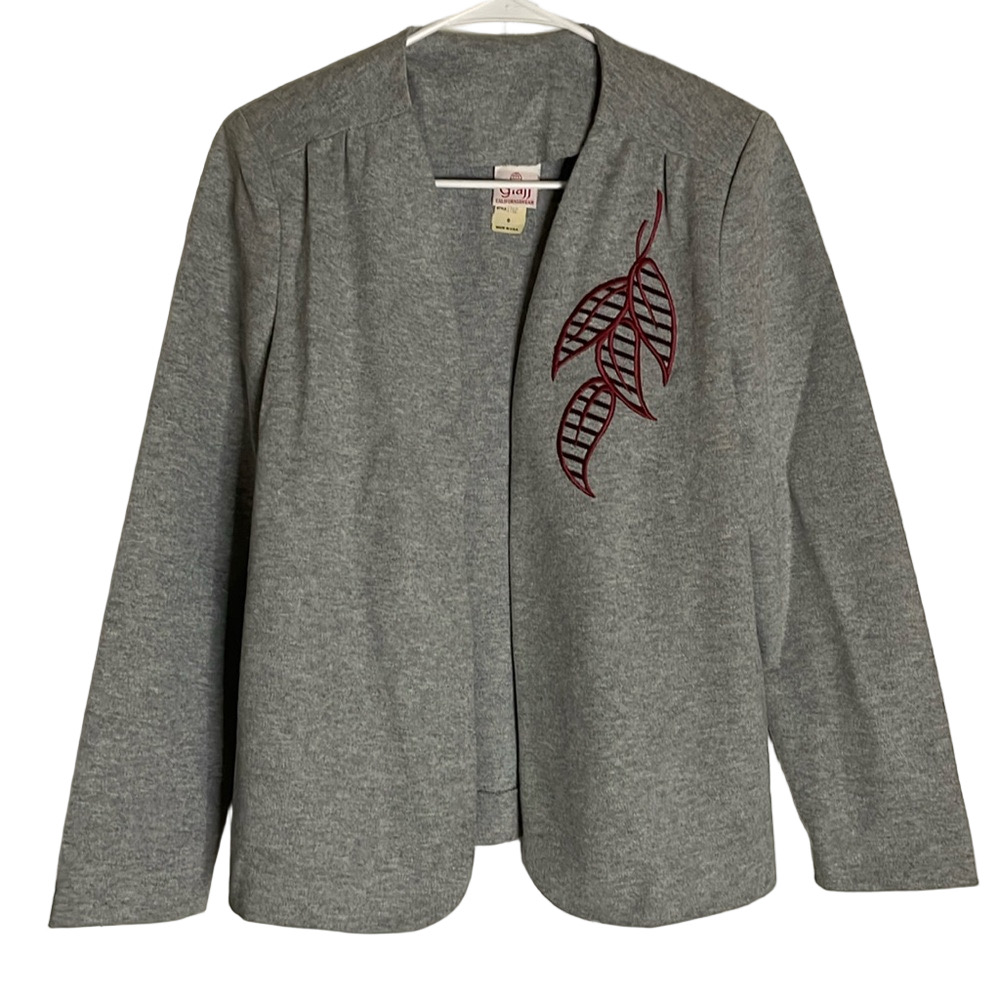 GRAFF CaliforniaWear Embroidered Open Cardigan Women’s 6 Gray Burgundy Modif